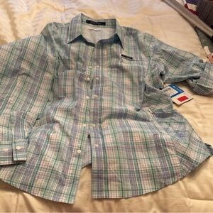 Columbia Blue and Green Plaid Shirt